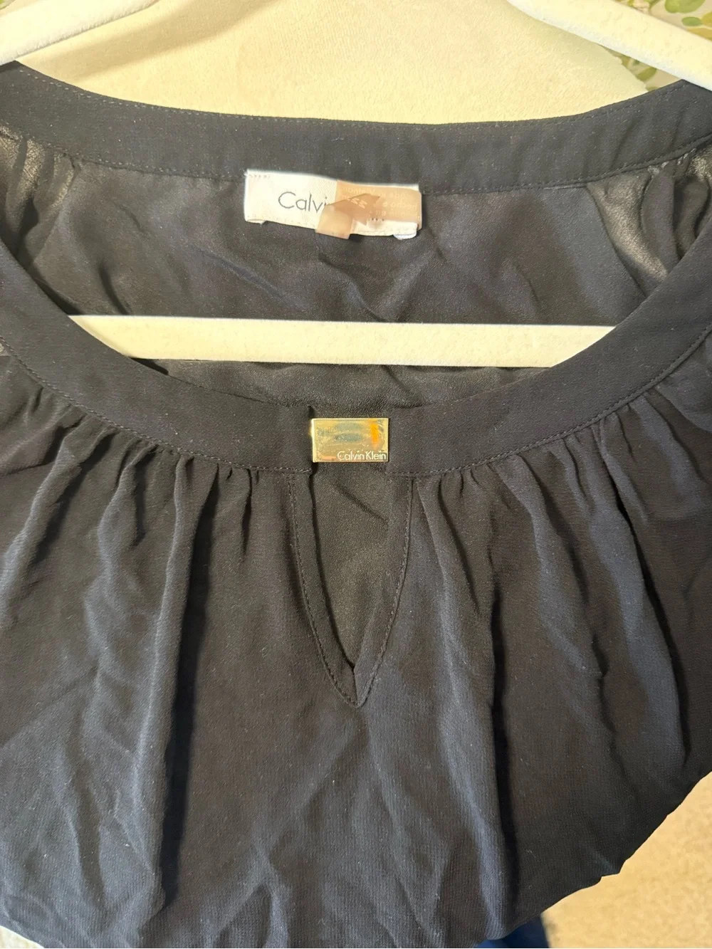 Calvin Klein Black Sheer Gathered Neck Blouse